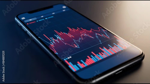 Smartphone displaying dynamic financial chart with colorful data visualization. Concept of technology in finance, market analysis, and investment strategies.