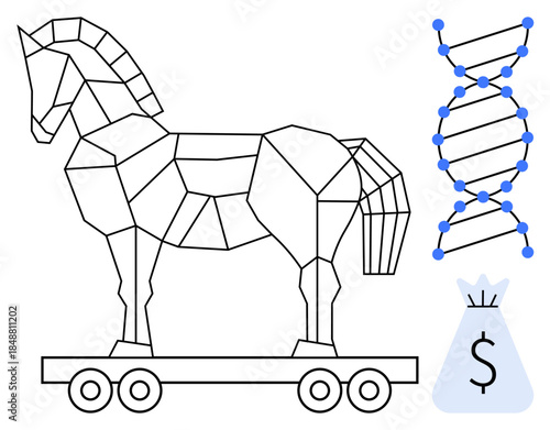 Geometric Trojan horse on wheels, DNA strand, and money bag icon. Represents cybersecurity, biotech vulnerabilities, data breaches, genetic information misuse, and financial risk. Ideal for digital