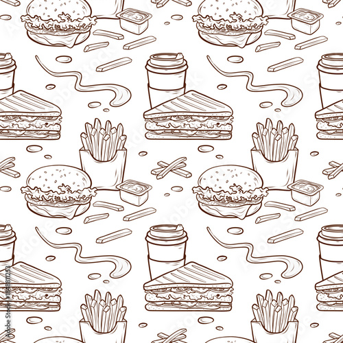 A seamless pattern featuring a burger, club sandwich, fries, sauce, and coffee, executed in a vector outline style. A versatile background object for menus, packaging, advertising layouts, corporate