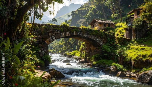 Stone arch bridge over a river in lush, green mountain landscape with rustic huts in the background