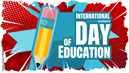 International Day of Education banner with cute pencil character and blue geometric mosaic, vector illustration