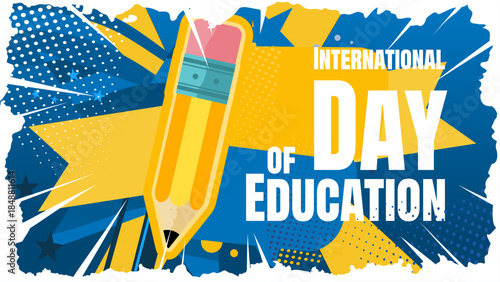 International Day of Education banner with cute pencil character and blue geometric mosaic, vector illustration