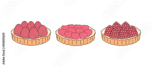 Set of shortcrust pastry tartlet with whipped cream, decorated with raspberries, strawberries and cherries. Isolated vector illustrations for poster, banner, postcard, advertising, menu, packaging.