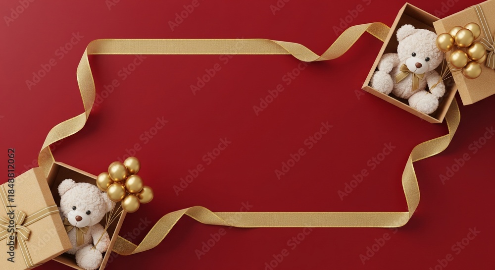 Fototapeta premium Elegant Red Background with Golden Ribbon Frame, Gift Boxes, Teddy Bears, and Balloons
