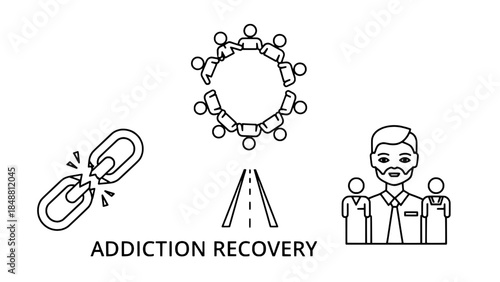 Addiction Recovery Concept: broken chain, circle of support, and road-to-recovery icons (vector illustration)