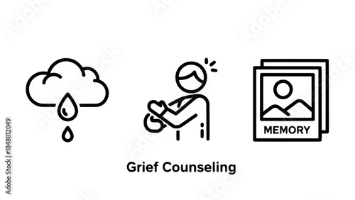 Grief Counseling Icons: Cloud with Rain, Caregiver with Infant, and Memory Photos – Minimalist Vector Outline