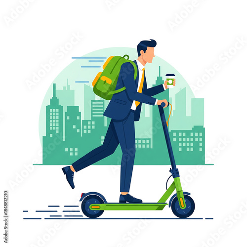 Modern Businessman Riding Electric Scooter to Work with Coffee and Backpack Vector Illustration