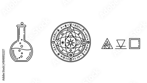 Line art potion bottle with circular magical sigil and geometric icons
