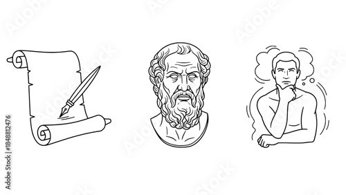 Minimalist vector icons: scroll with quill, classical bust, and thinking figure