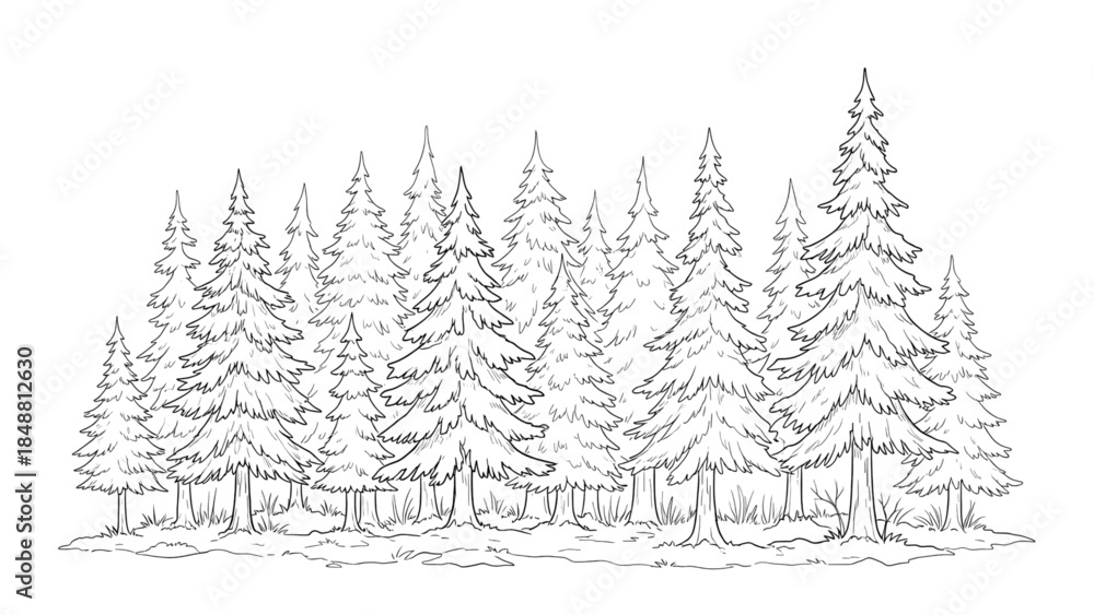 Obraz premium Snowy pine forest landscape in black and white illustration
