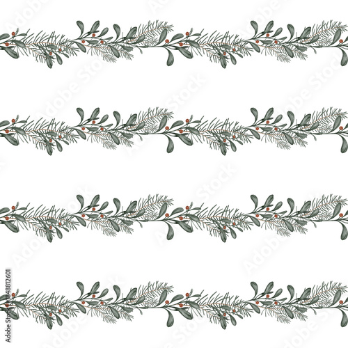 Seamless pattern with watercolor Christmas tree branches and red berry of ilex or holly. Hand painted illustration on isolated beige background. Seamless banner garland for christmas and new year.