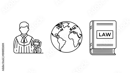 Global law concept: judge, globe and law book icons in a minimalist line art style