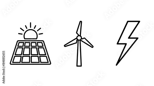 Solar panel with sun, wind turbine, and lightning bolt icons - outline vector set for renewable energy