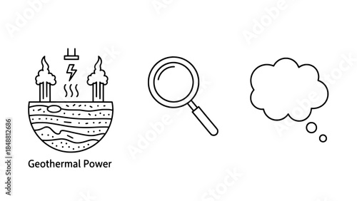 Geothermal power concept icon with magnifying glass and thought bubble in line art