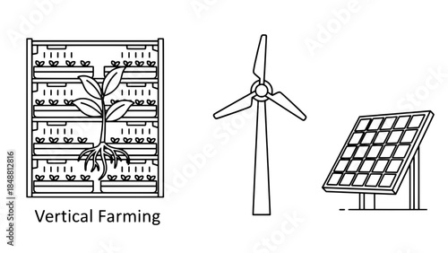 Vertical farming shelf with plant, wind turbine, and solar panel icons - vector line art set