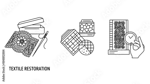 Textile Restoration Icons – lace, fabric swatches, beads, and measuring tools in outline vector