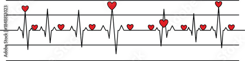 Black electrocardiogram heartbeat pulse line with red hearts isolated on a white background for valentine day or medical love concept