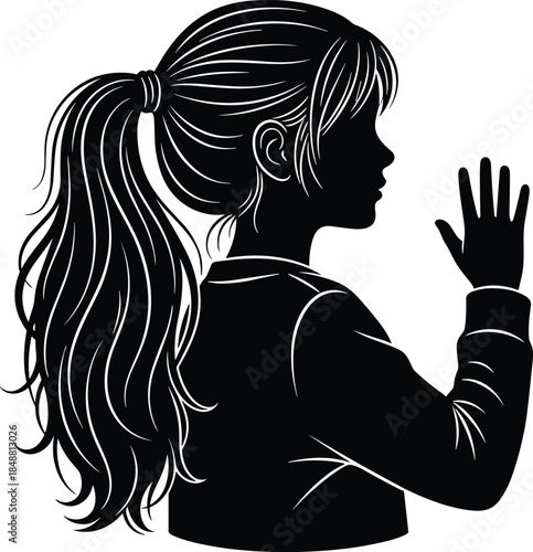 Black and white vector silhouette of a young girl in profile view with ponytail waving hand isolated on white background