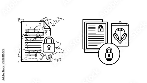 Global data protection and document security icons in line-art style