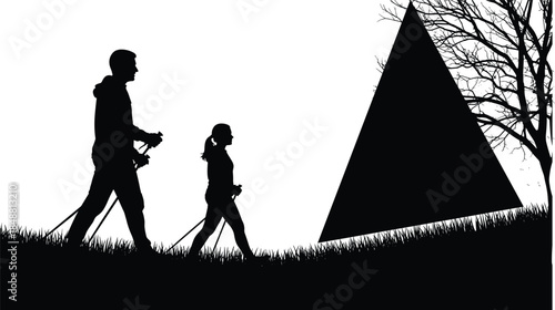 Black silhouette of father and daughter hiking with trekking poles near camping tent and tree isolated on white background