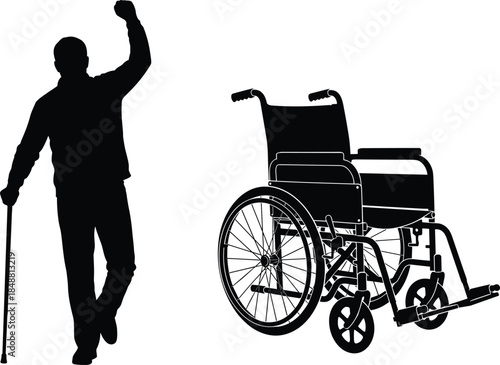 Black silhouette of man standing up from wheelchair with cane and raising hand in victory isolated on white background
