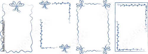 A hand-drawn ribbon frame, doodle-style, wedding decor, wavy banner, and minimalist geometric embellishment collection. A vintage ribbon bow pattern for a birthday invitation.