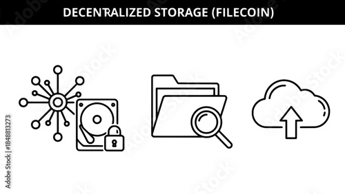 Decentralized storage concept icons: network hub, secure drive, folders with magnifier, cloud upload (Filecoin)