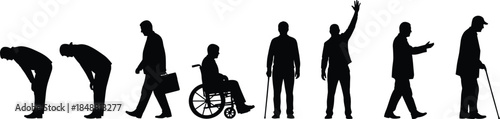 Collection of black silhouettes depicting elderly men in various poses including bowing, walking, waving and sitting in wheelchair for healthcare
