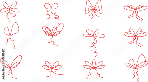 Doodle gift bow. Simple red bows tied in a knot for gifts. Minimalistic line art vector illustration for Christmas celebrations and holiday decorations, birthdays, or holiday packaging.