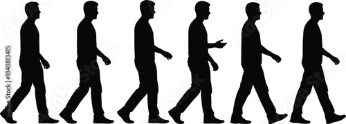 Set of black silhouettes showing a young man walking cycle sequence for animation isolated on a white background vector illustration