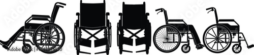 Set of black silhouettes of wheelchairs in different positions isolated on white background for medical and disability concept vector illustration