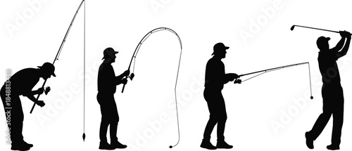 Set of black silhouettes showing men engaging in outdoor hobbies like fishing and golf isolated on white background vector illustration