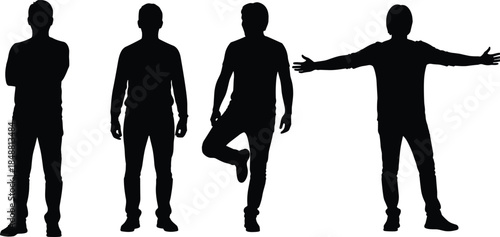 Set of black vector silhouettes of men standing in different poses including arms crossed, balancing, and outstretched arms isolated