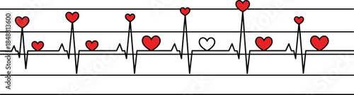 Stylized heartbeat pulse line with red love hearts on horizontal lines representing romance and cardiology health care concept vector