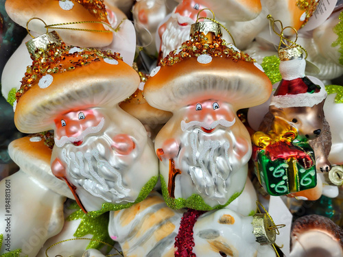 Unusual Christmas tree mushrooms for the New Year's tree on the shelf in the store