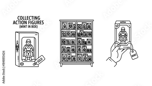 Line art illustration of action figures collectibles: mint in box, display shelf, and handheld mint