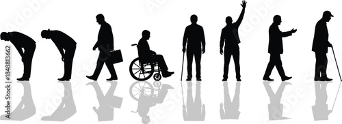 Vector set of diverse male silhouettes featuring elderly men, businessman, and disabled person in wheelchair standing in a row with reflection