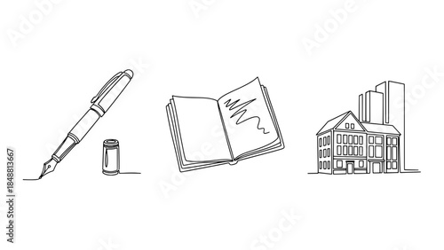 Pen and ink, open book, and campus building vector icons