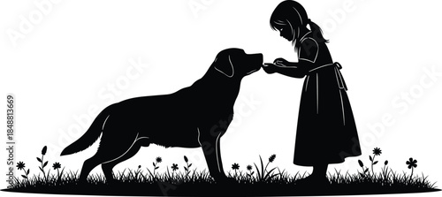 Vector silhouette of a little girl standing in a grassy meadow feeding a large dog isolated on white background representing friendship