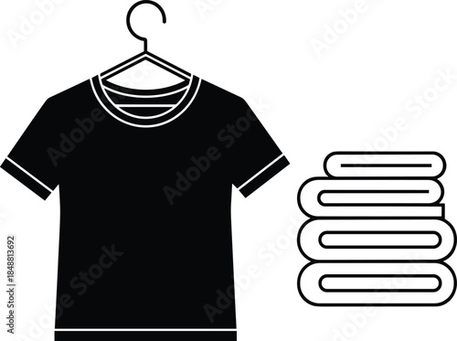 Black t-shirt on hanger with stack of folded clothes, laundry service symbol, apparel fashion icon, cad drawing flat vector illustration