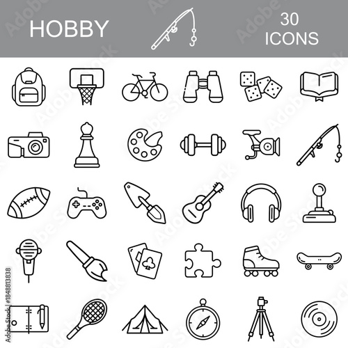 hobby icons set including sports, gaming, and outdoor activities  