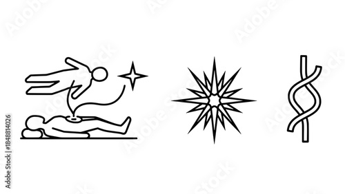 Minimalist line icons: diver entering water with splash, starburst symbol, and DNA double helix