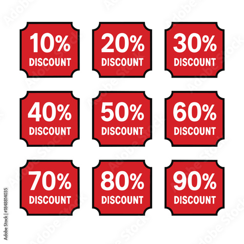 Collection of red square discount labels from 10 percent to 90 percent for sales and promotions