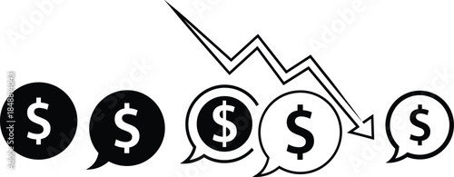 Set of dollar currency icons with downward trend arrow representing financial crisis, economic recession, and loss, cad drawing flat vector illustration