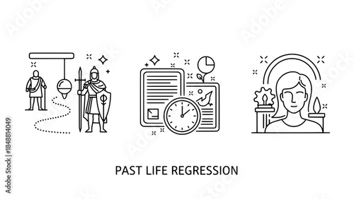 Past Life Regression: Minimalist line art icons depicting therapy, time, and mirror reflection