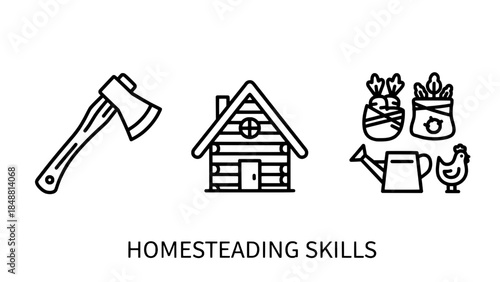 Line art icons set: axe, log cabin, garden produce with watering can and chicken – homesteading skills