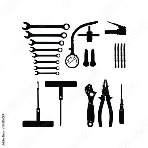 Tire Repair Tool Pack black silhouette illustration on white backgruond