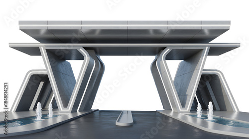 Futuristic Architectural Structure with Water Fountains and Geometric