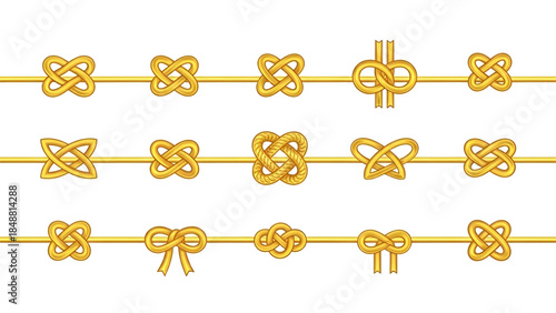 Golden knots and bows on yellow lines, elegant design elements