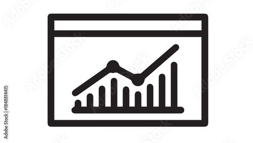 Vector black silhouette icon of a digital presentation screen featuring an upward trending line graph and vertical bar charts for business analytics and financial reporting